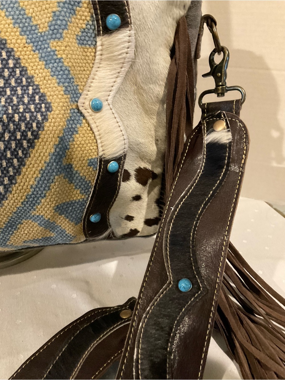 MYRA NEEDLEPOINT HANDBAG, LEATHER & HAIR CALF MATCHING GUITAR / SHOULDER STRAP - Picture 12 of 15